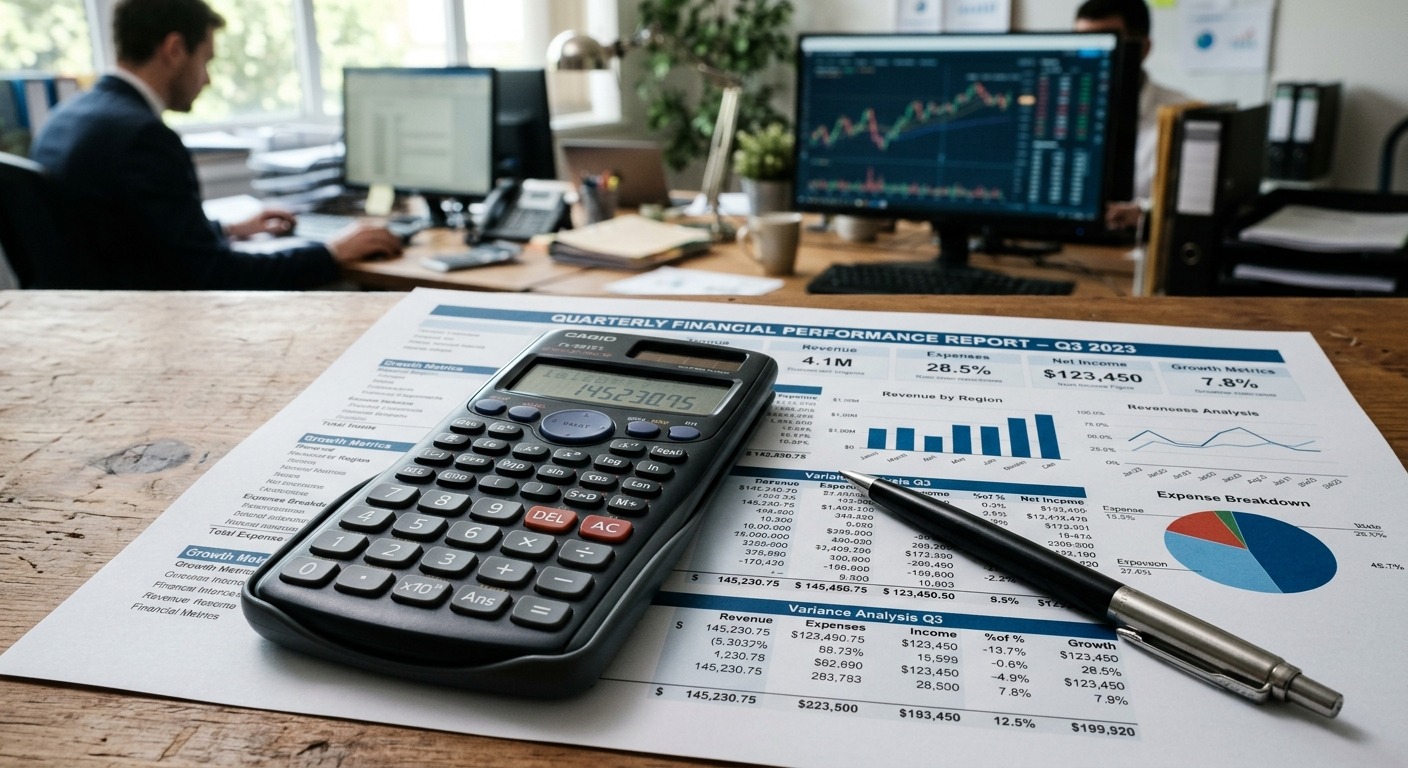 Calculadora e caneta sobre um relatório financeiro com gráficos simbolizando a gestão de custos e lucros