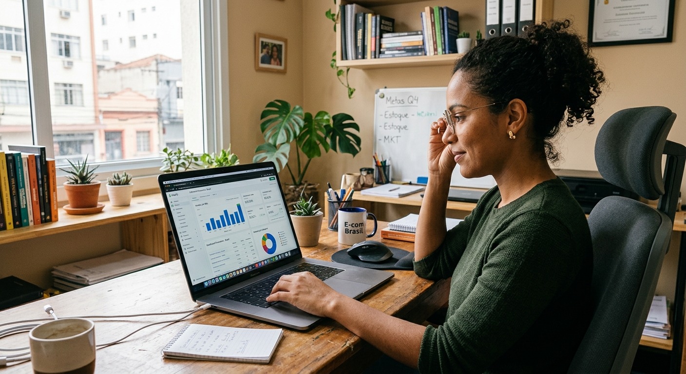 Gestor de e-commerce analisando painel de métricas financeiras em escritório com luz natural