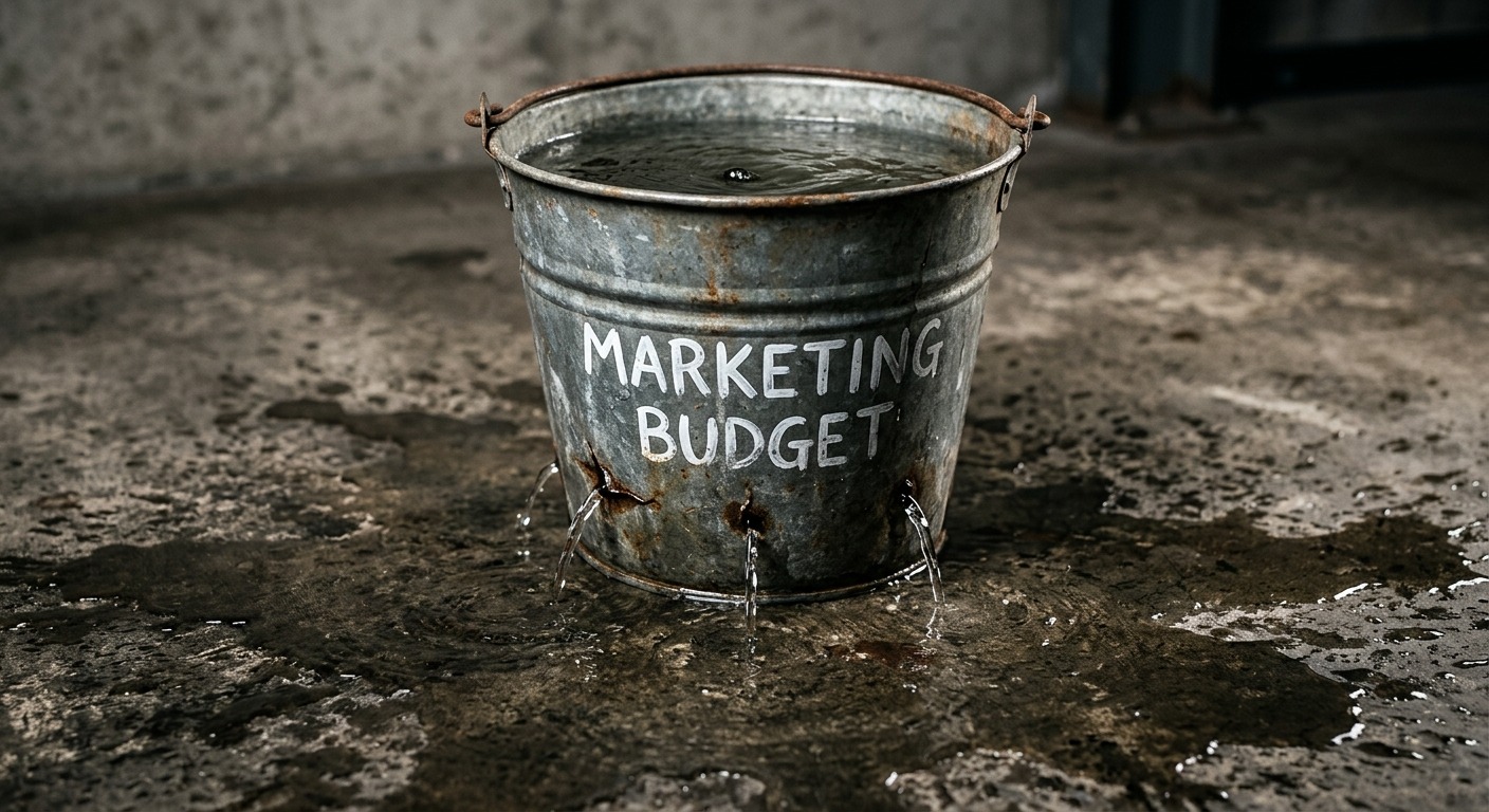 Balde furado com água vazando representando desperdício de orçamento em marketing