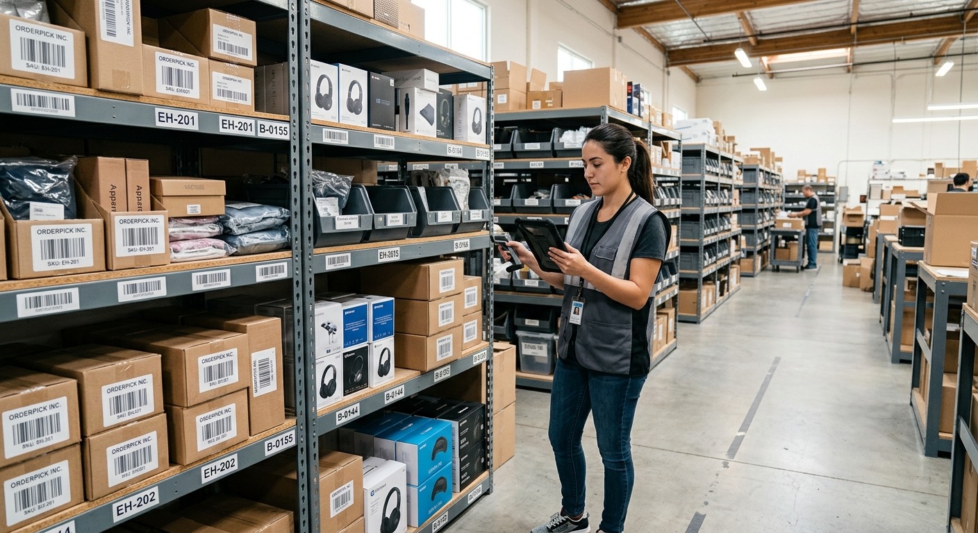 Funcionário de e-commerce conferindo o inventário de produtos em um armazém pequeno e bem organizado