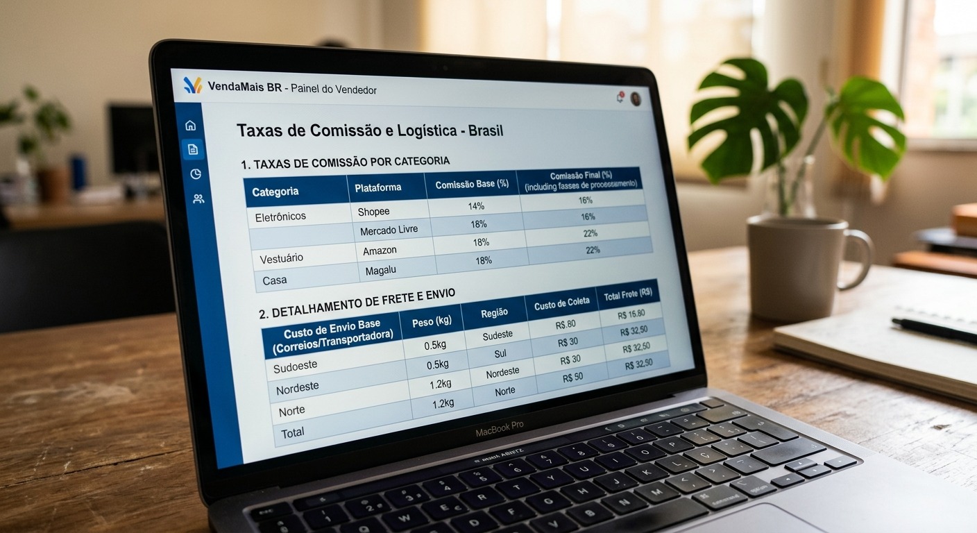 Tela de laptop exibindo tabela de comissões de marketplace e custos de frete detalhados