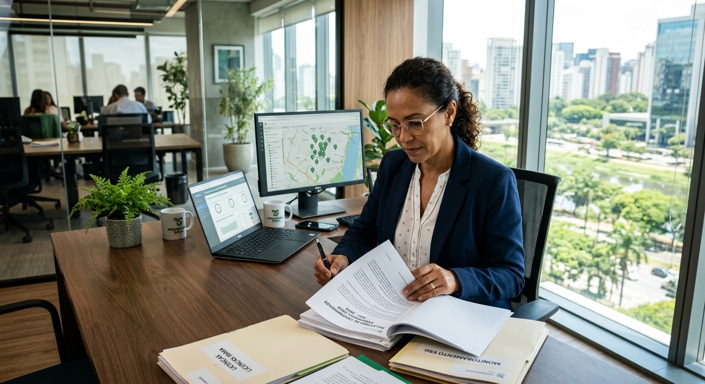 Executivo brasileiro analisando documentos de conformidade ambiental em escritório moderno