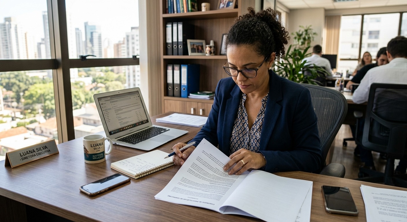 Empresário brasileiro revisando contrato com agência de marketing em escritório iluminado