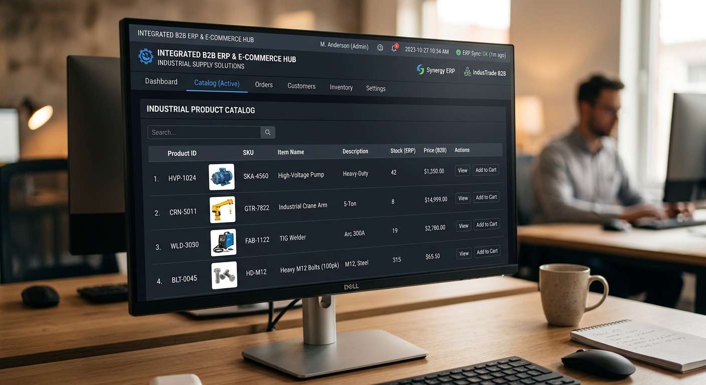 Tela de computador mostrando integração entre ERP e catálogo de produtos industriais no e-commerce B2B