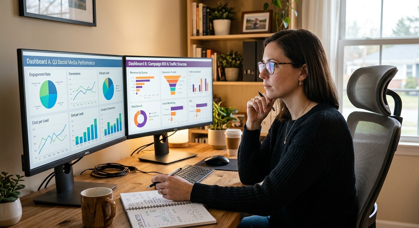 Profissional comparando dois painéis de dados de marketing em monitores duplos em home office