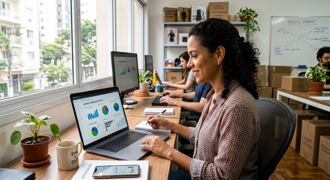 Empreendedor brasileiro revisando dados de segmentação de público em notebook no escritório