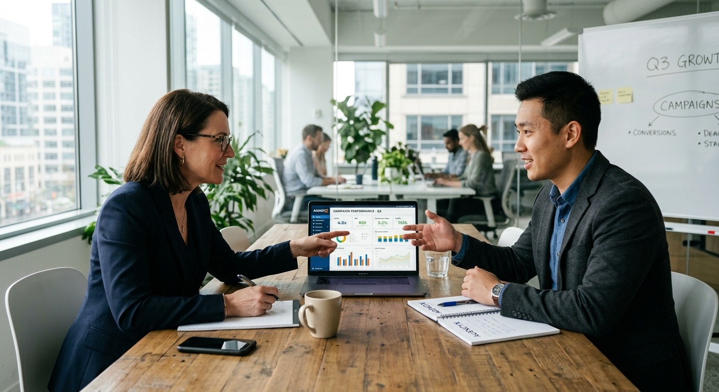 Empresário e representante de agência analisando dashboard em laptop em sala de reunião