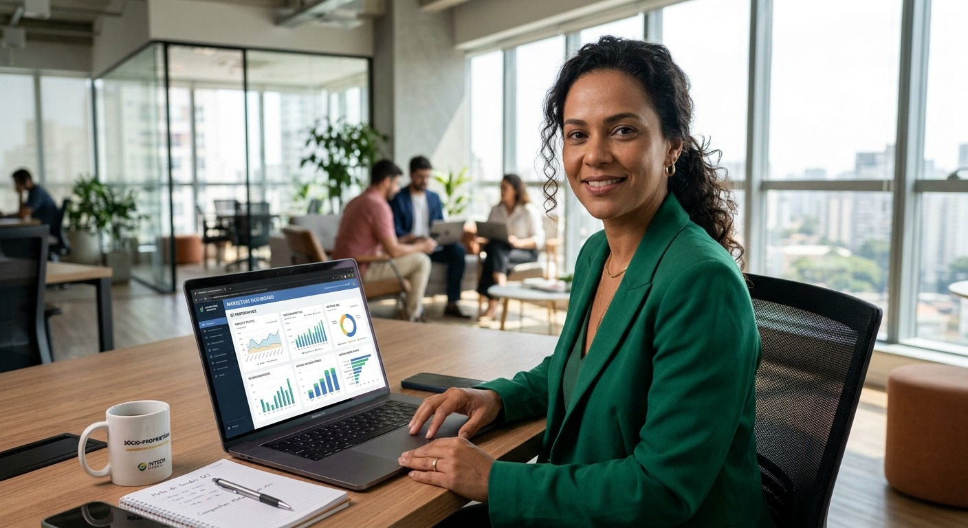 Empresário brasileiro analisando painel de dados de marketing em escritório moderno