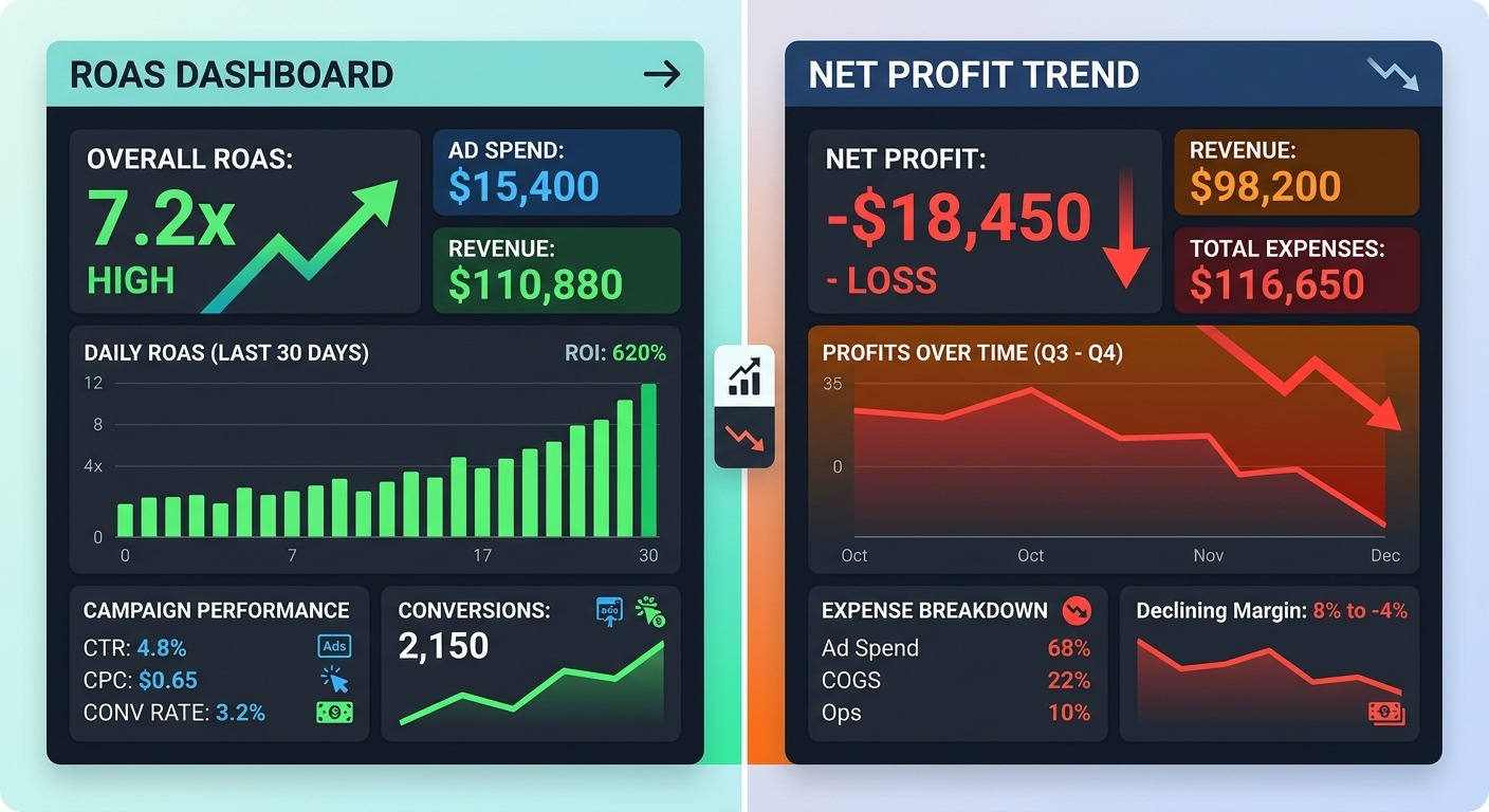 Dashboard de marketing com ROAS alto ao lado de gráfico de lucro em queda representando distorção de dados
