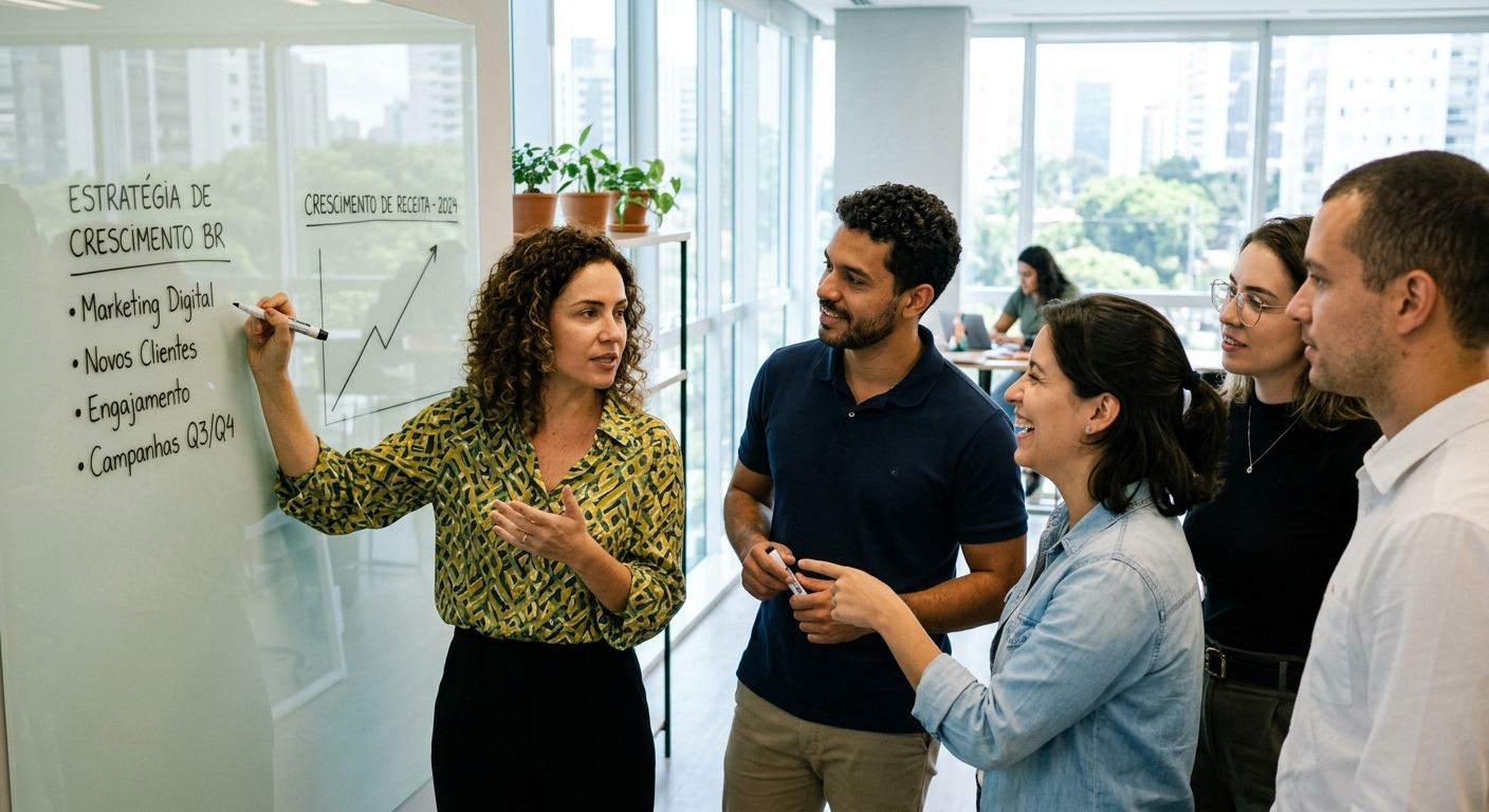 Equipe de marketing discutindo estratégia de crescimento empresarial em quadro branco