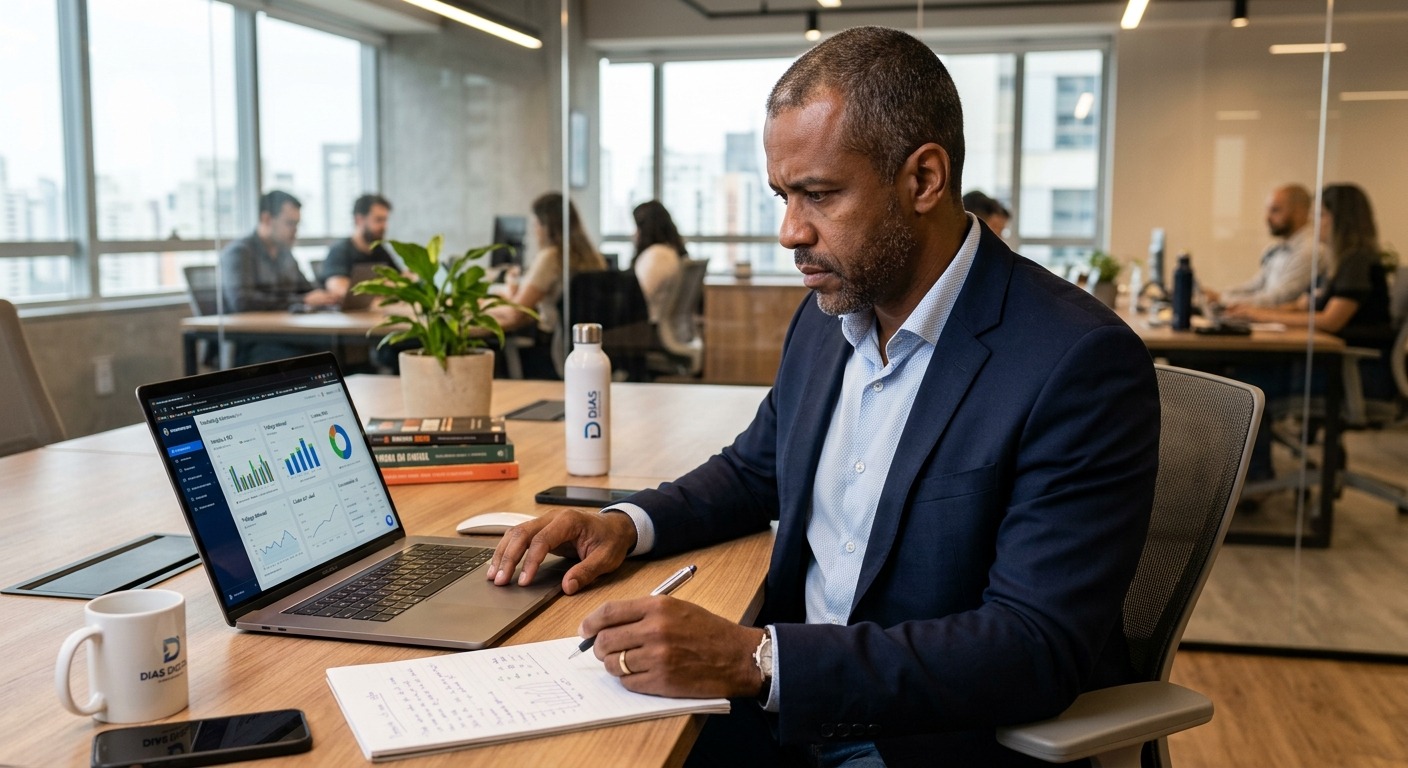 Empresário brasileiro analisando gráficos de marketing em notebook em escritório moderno