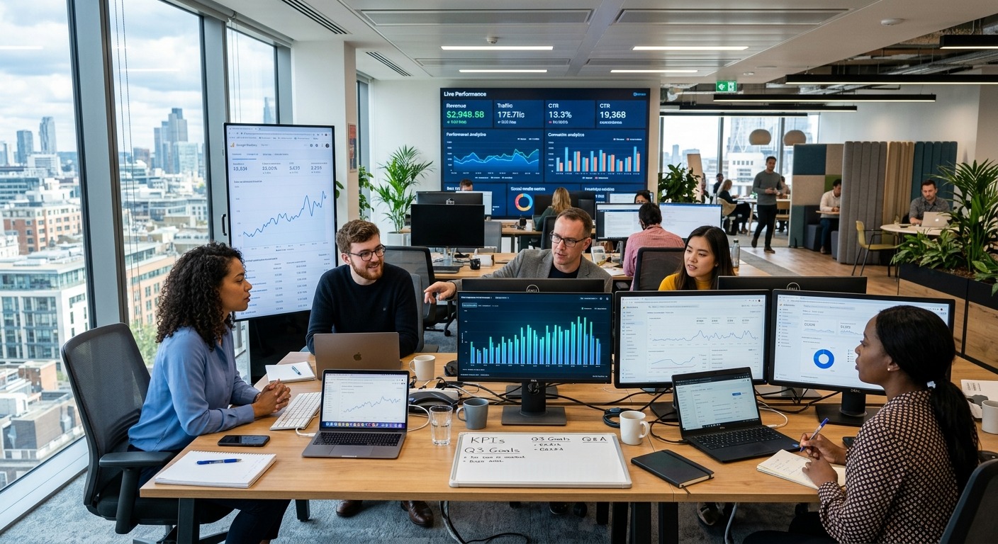 Equipe de marketing analisando dados ao vivo em múltiplas telas em escritório moderno