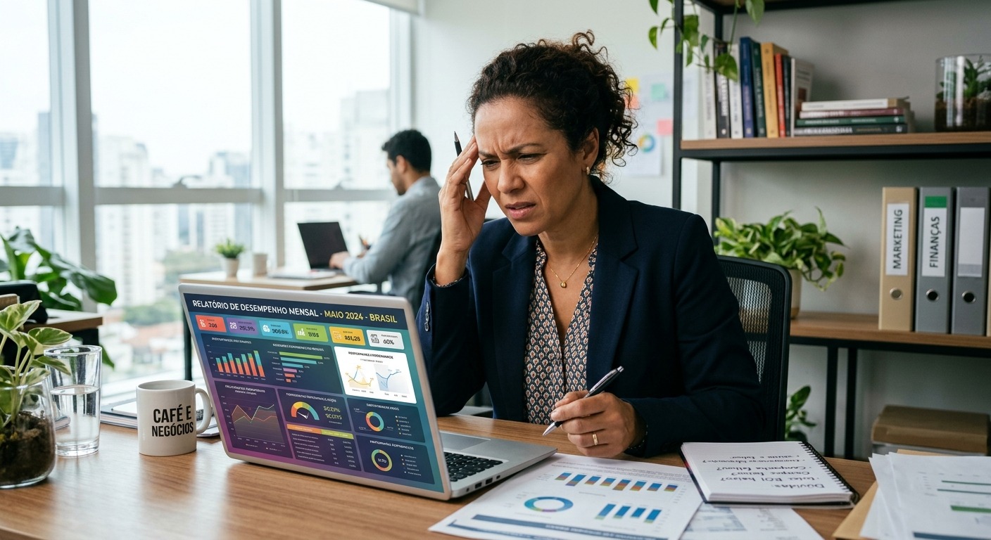 Empresário brasileiro analisando relatório de marketing no notebook em escritório iluminado