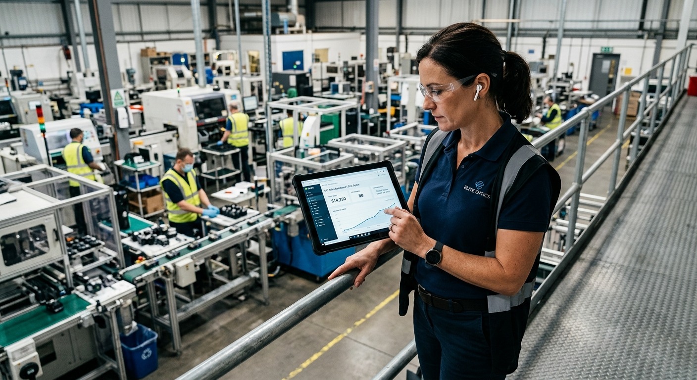 Gestor industrial analisando dados de vendas em um tablet com a linha de produção ao fundo
