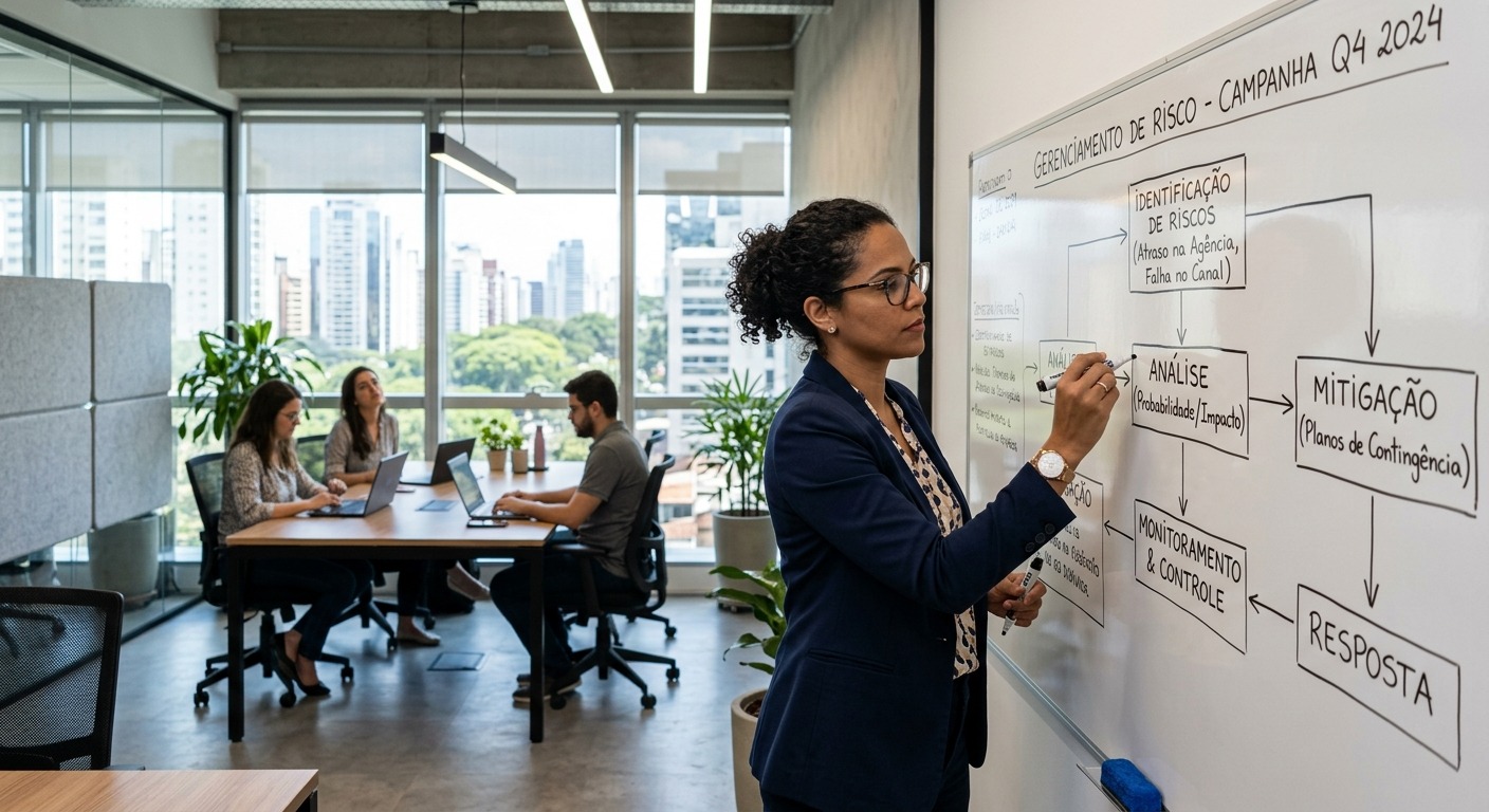 Gestor de marketing desenhando fluxograma de gestão de riscos em quadro branco de escritório moderno