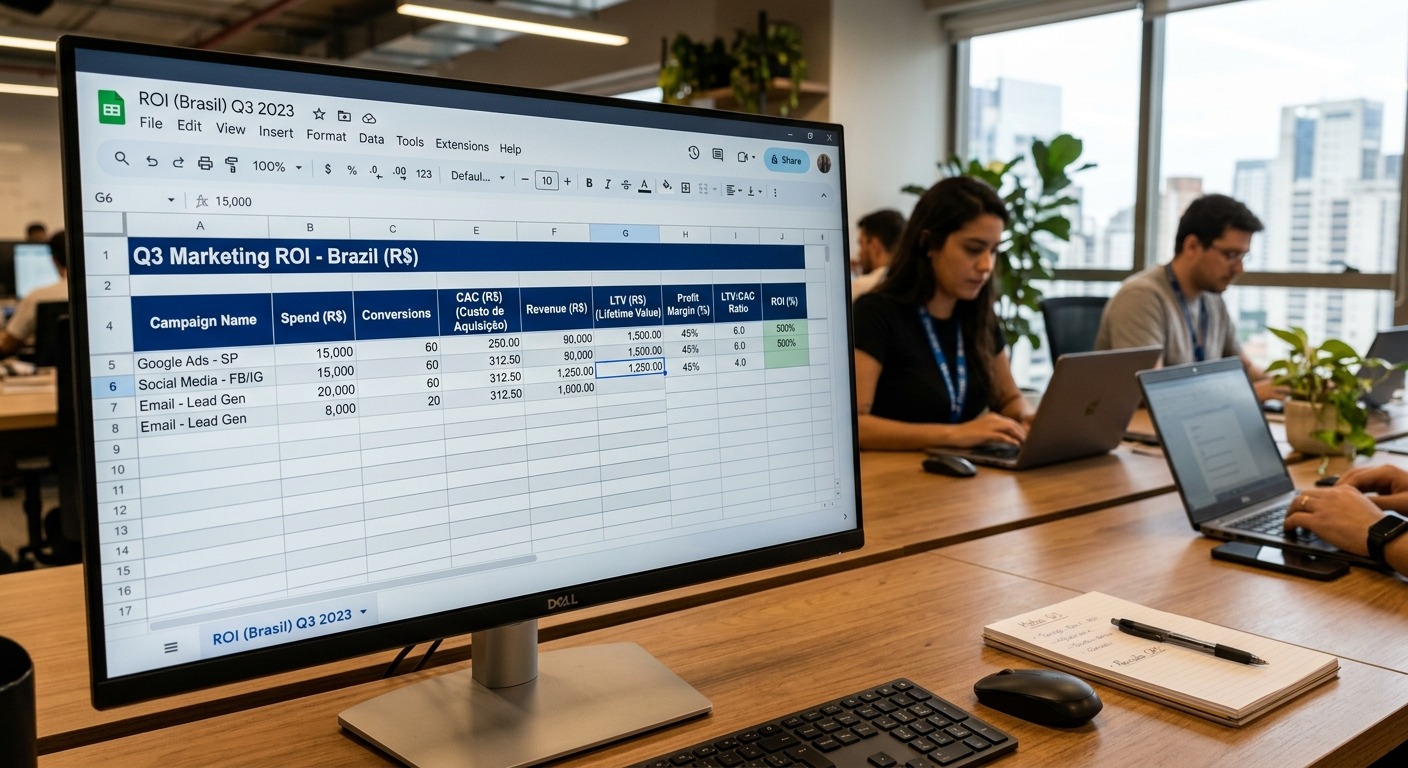 Planilha com cálculos de ROI de marketing mostrando CAC, LTV e margem de lucro