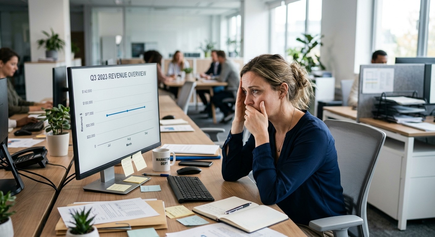 Gestor de marketing olhando gráfico de receita estagnada em escritório corporativo