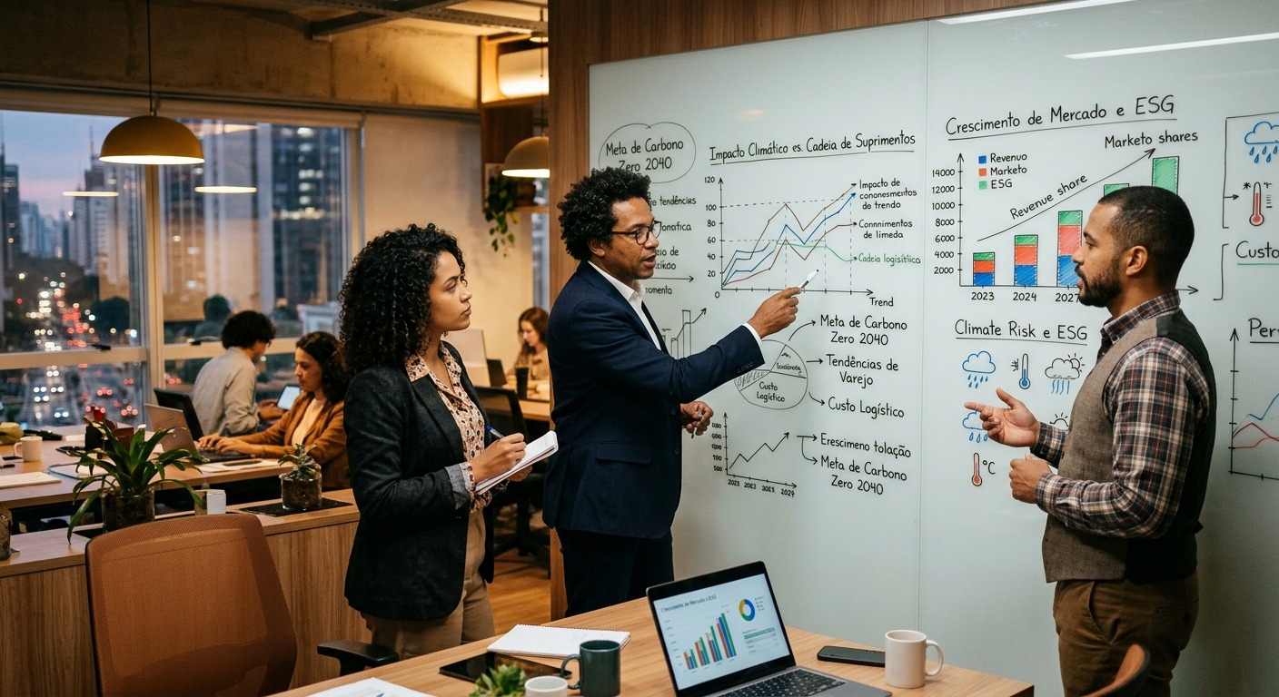 Empreendedores brasileiros discutindo estratégia de negócio com gráficos de mercado em quadro branco