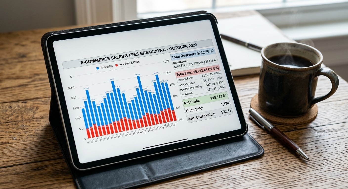 Tablet com gráfico de vendas e taxas de marketplace em mesa de madeira ao lado de café