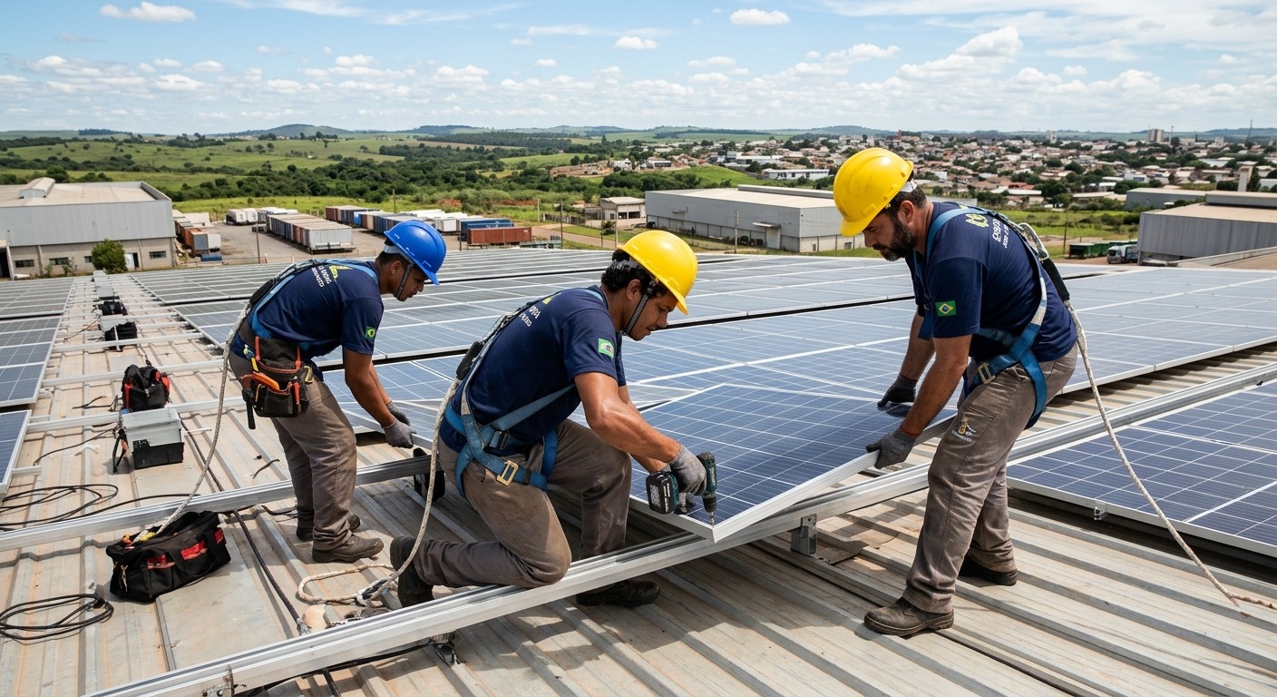 Trabalhadores brasileiros instalando painéis solares no telhado de pequena fábrica em dia ensolarado