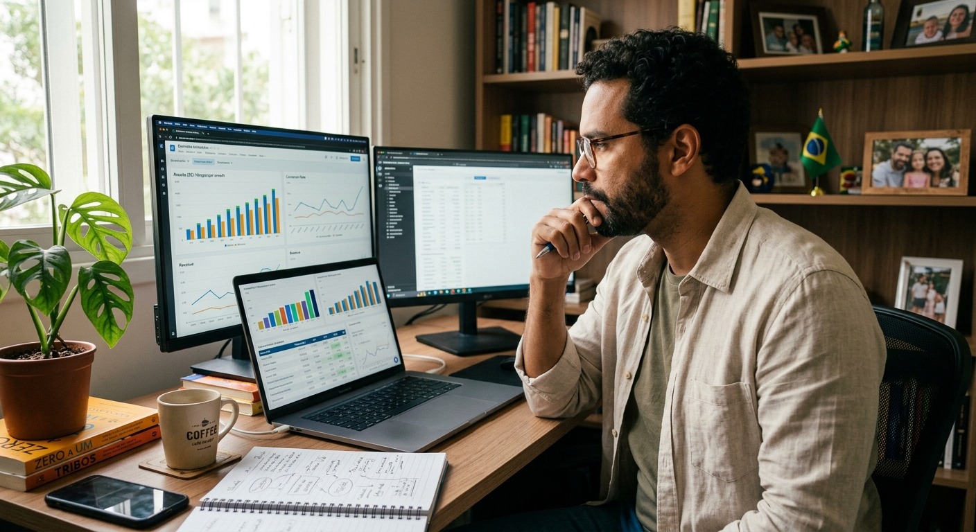 Empreendedor analisando gráficos de tráfego digital em um notebook em seu escritório em casa