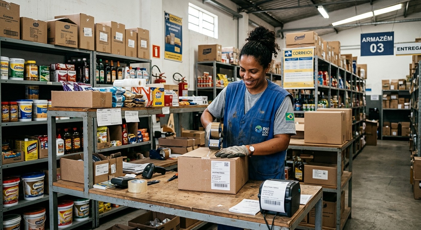Funcionário de logística em um pequeno armazém no Brasil preparando um pacote para envio