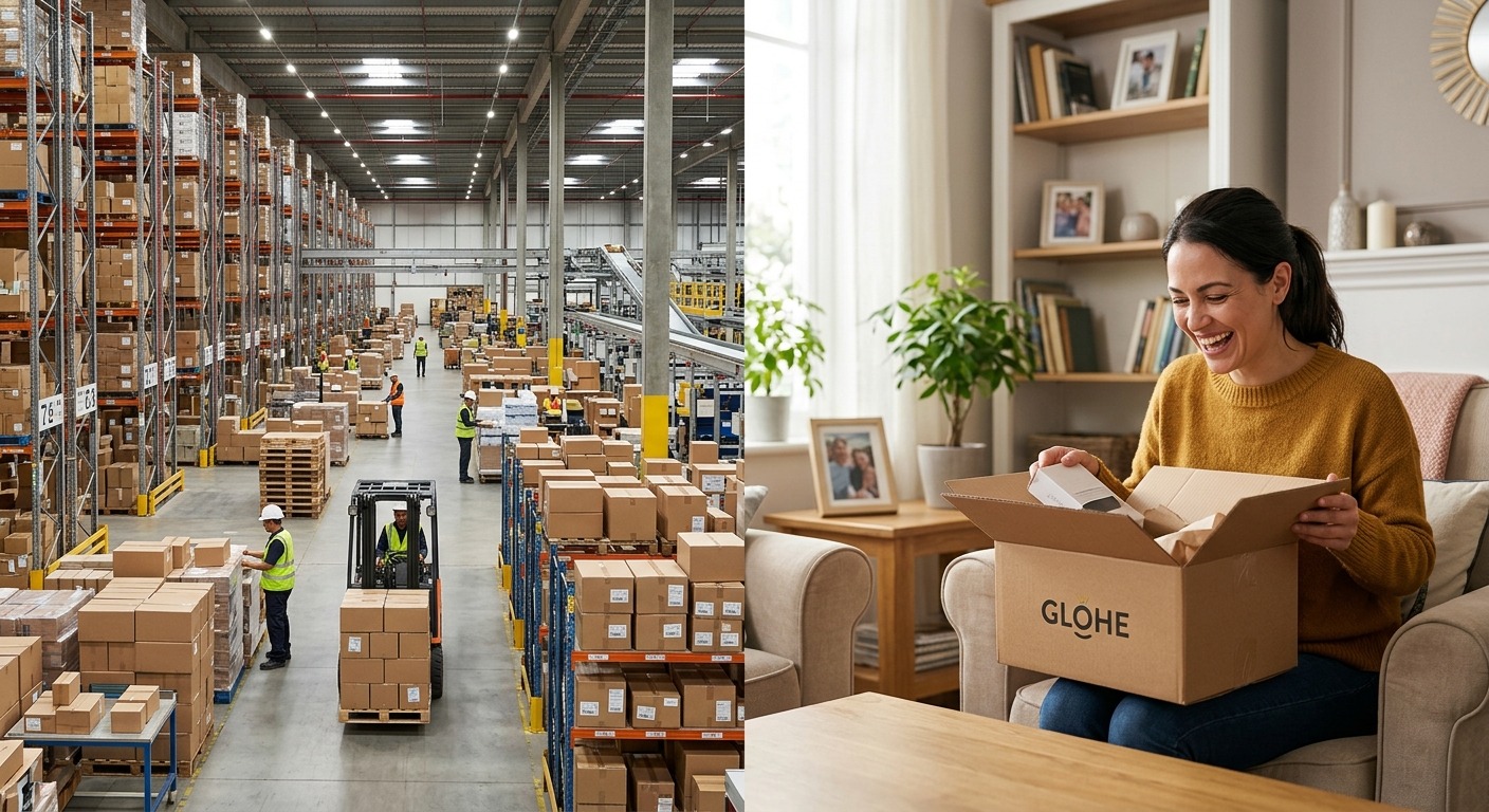 Montagem mostrando a conexão entre um grande galpão industrial e uma consumidora final abrindo um pacote em casa.