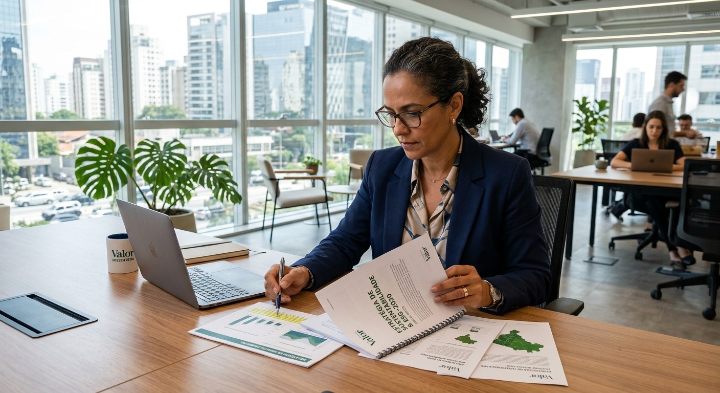 Executivo brasileiro analisando documentos de estratégia de sustentabilidade em escritório moderno