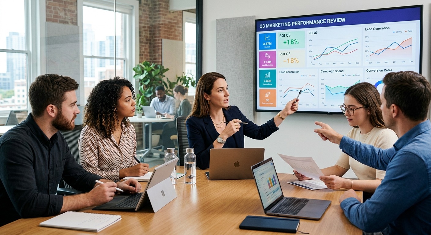 Gestor analisando gráficos de performance de marketing com equipe de agência em reunião