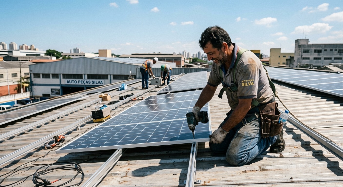 Dono de pequena empresa brasileira instalando painéis solares no telhado de galpão
