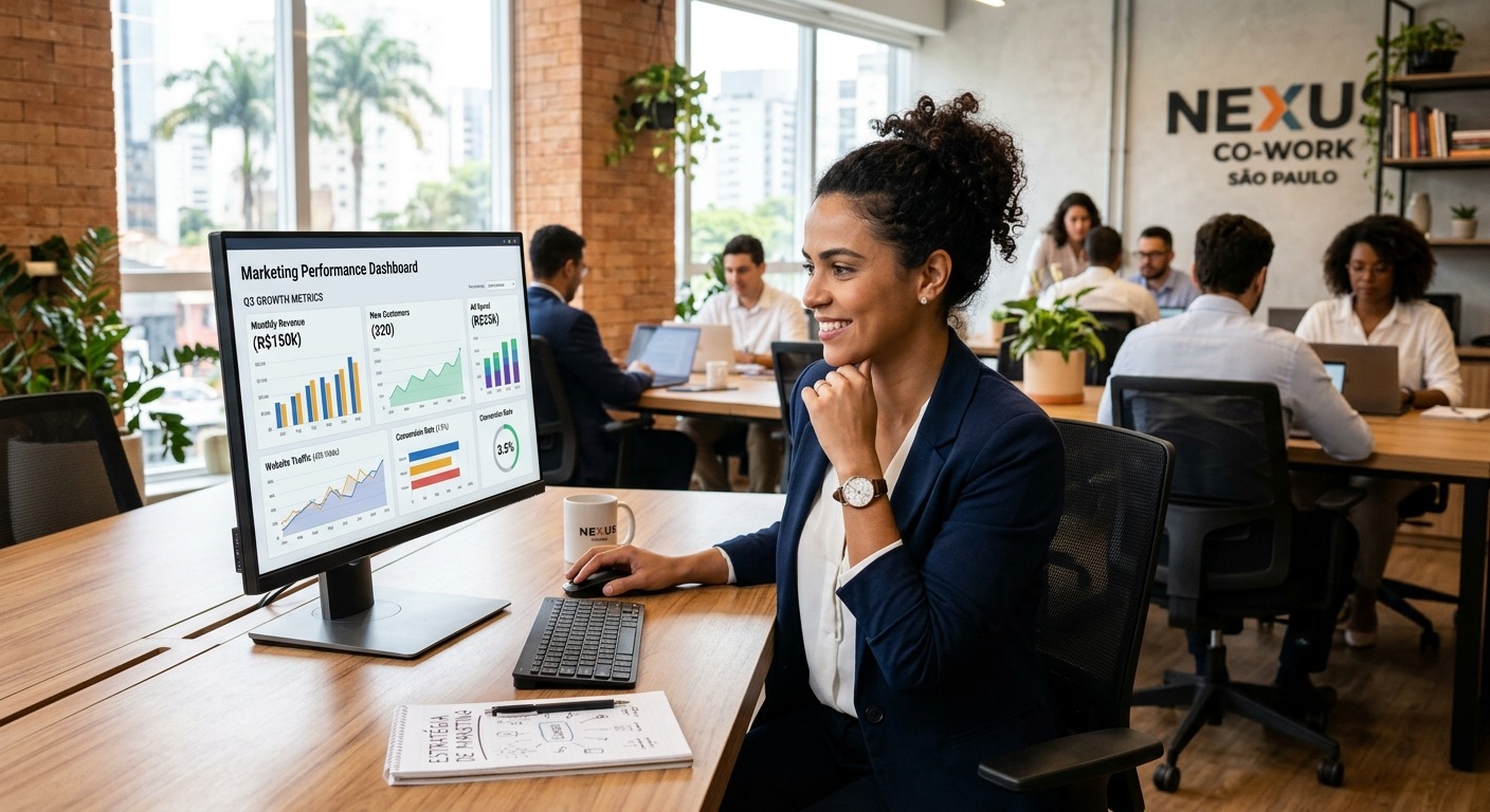 Empreendedora brasileira confiante analisando painel de marketing em computador moderno