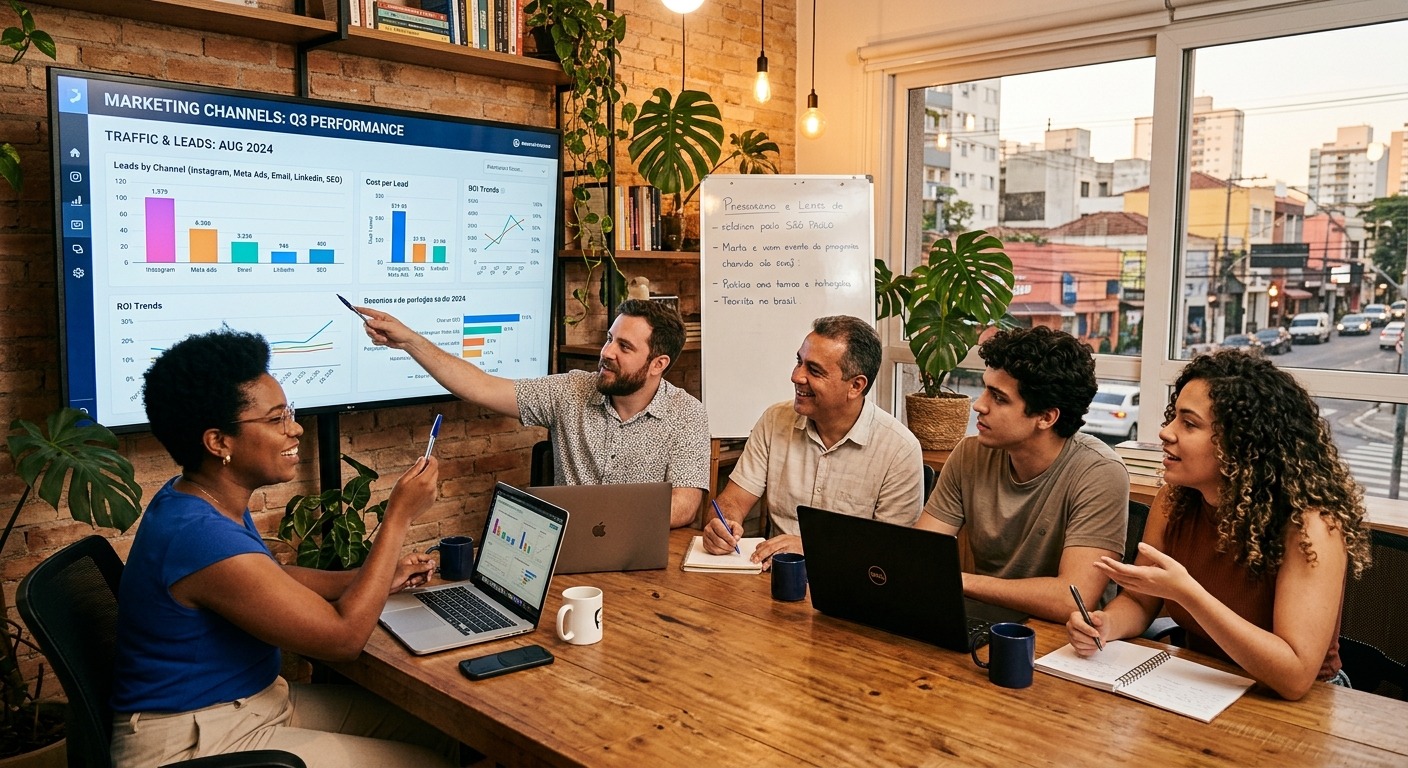 Equipe de marketing analisando gráficos de desempenho por canal em monitor grande