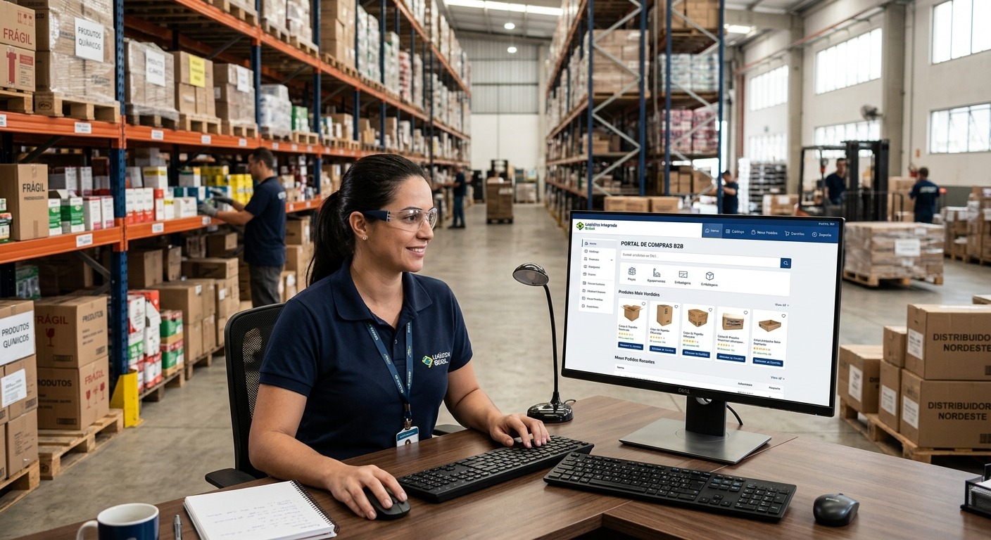 Interface de portal de e-commerce B2B industrial exibida em computador em armazém moderno