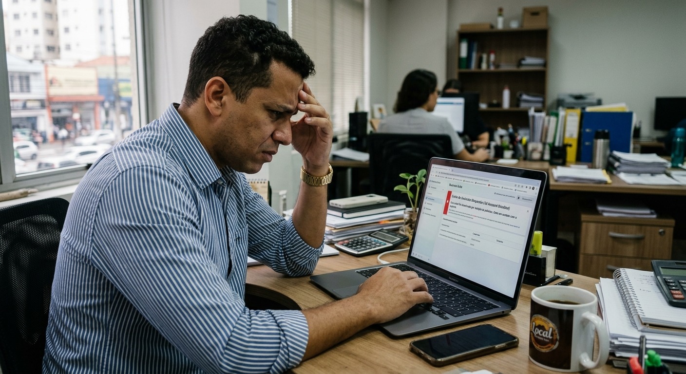 Empresário olhando para tela de conta de anúncios bloqueada com expressão preocupada