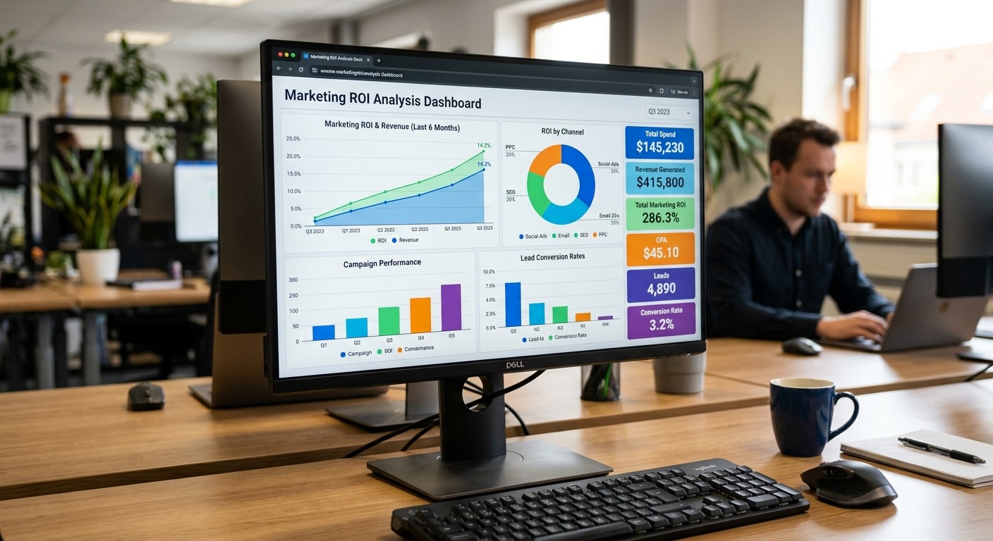 Tela de dashboard com análise de ROI de marketing e gráficos coloridos em escritório