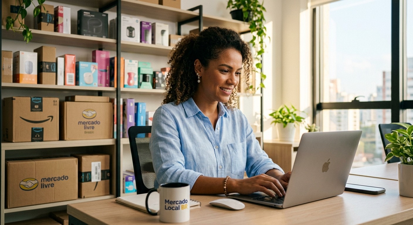 Empreendedor focado em seu notebook em um escritório com caixas de produtos ao fundo