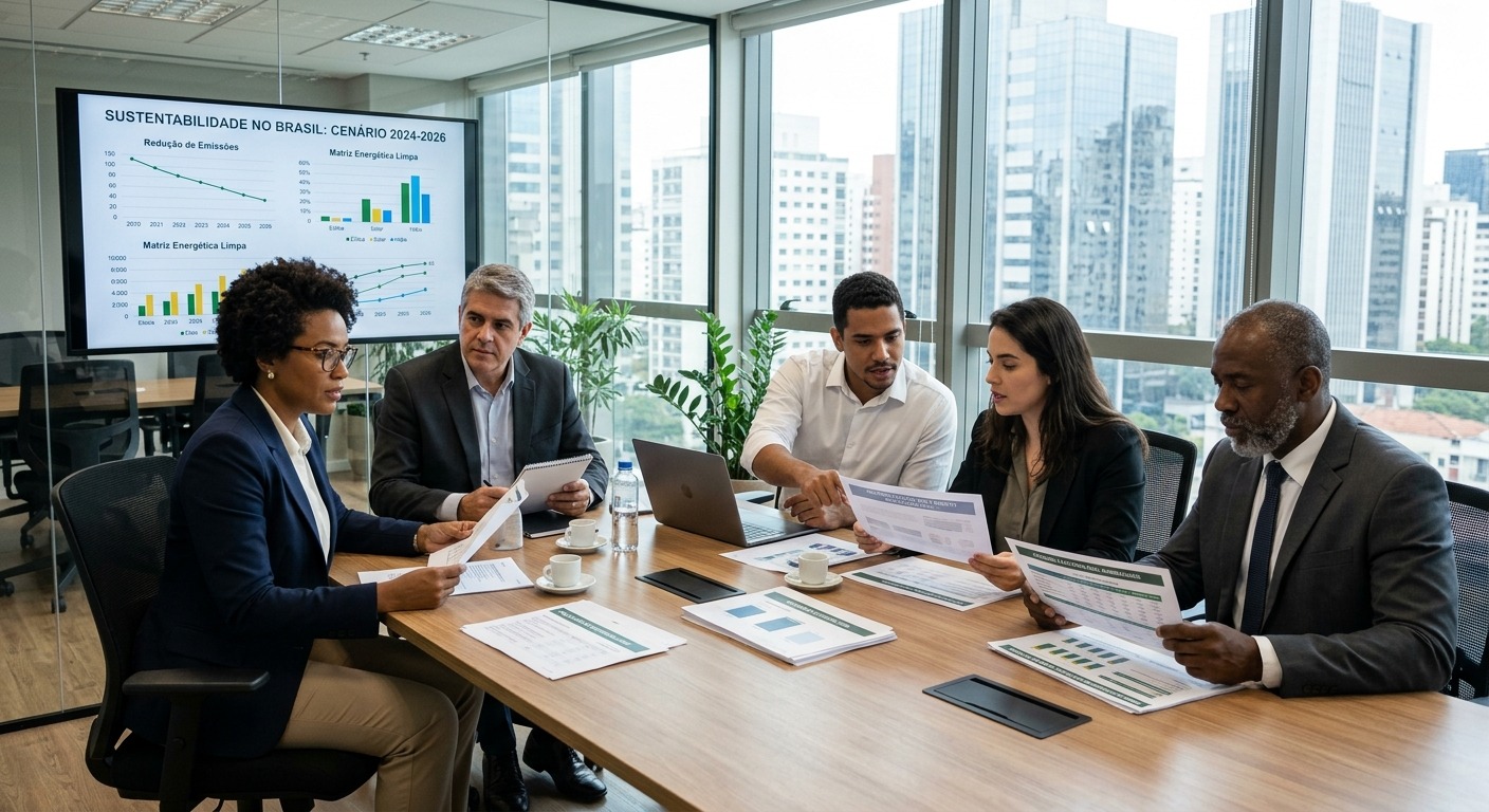 Executivos brasileiros analisando gráficos de sustentabilidade e eleições 2026 em sala de reunião