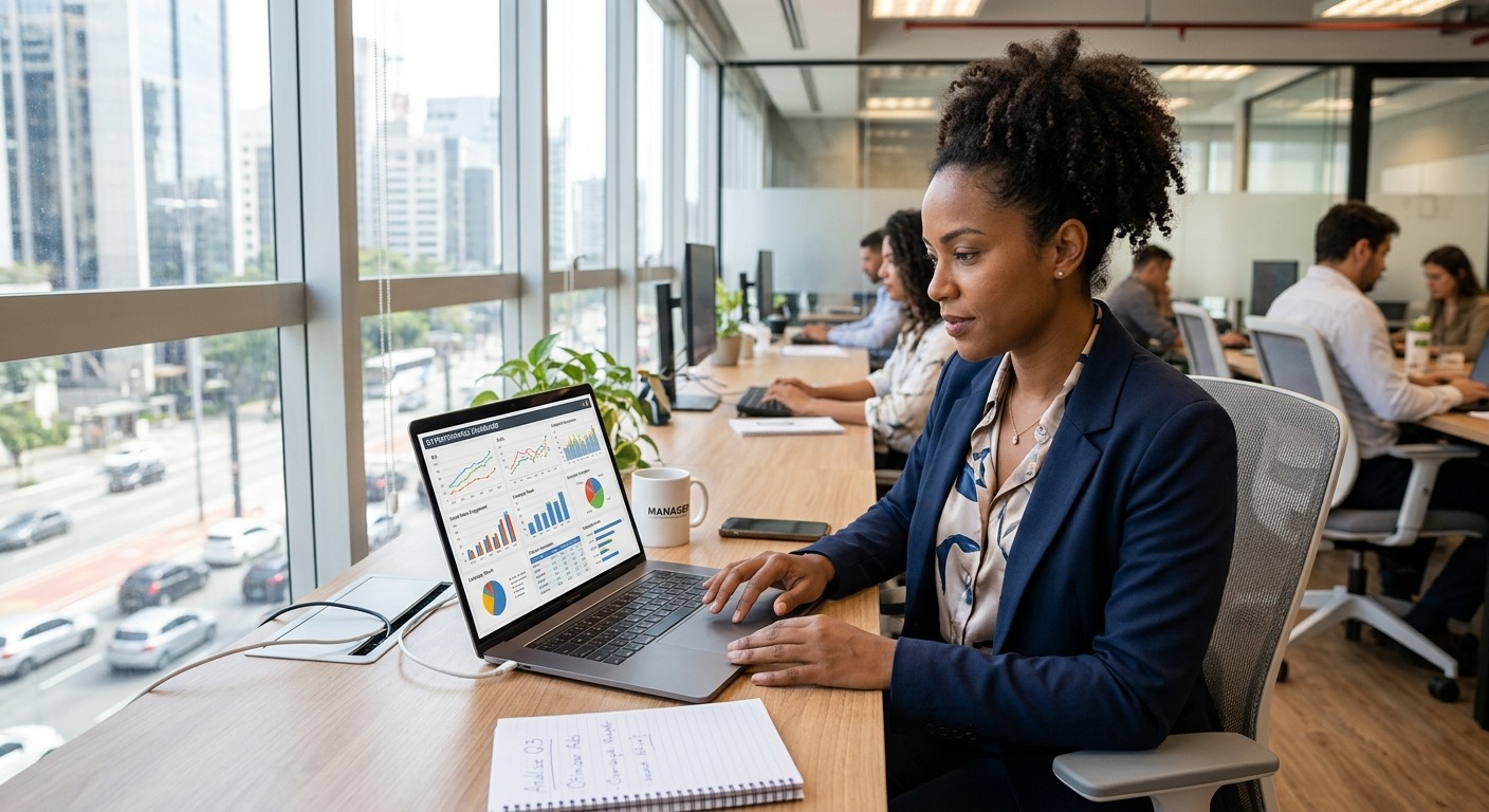 Gestor brasileiro analisando gráficos de desempenho de marketing em laptop no escritório