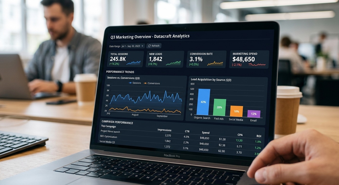 Painel de dados de marketing com gráficos e métricas exibidos em tela clara