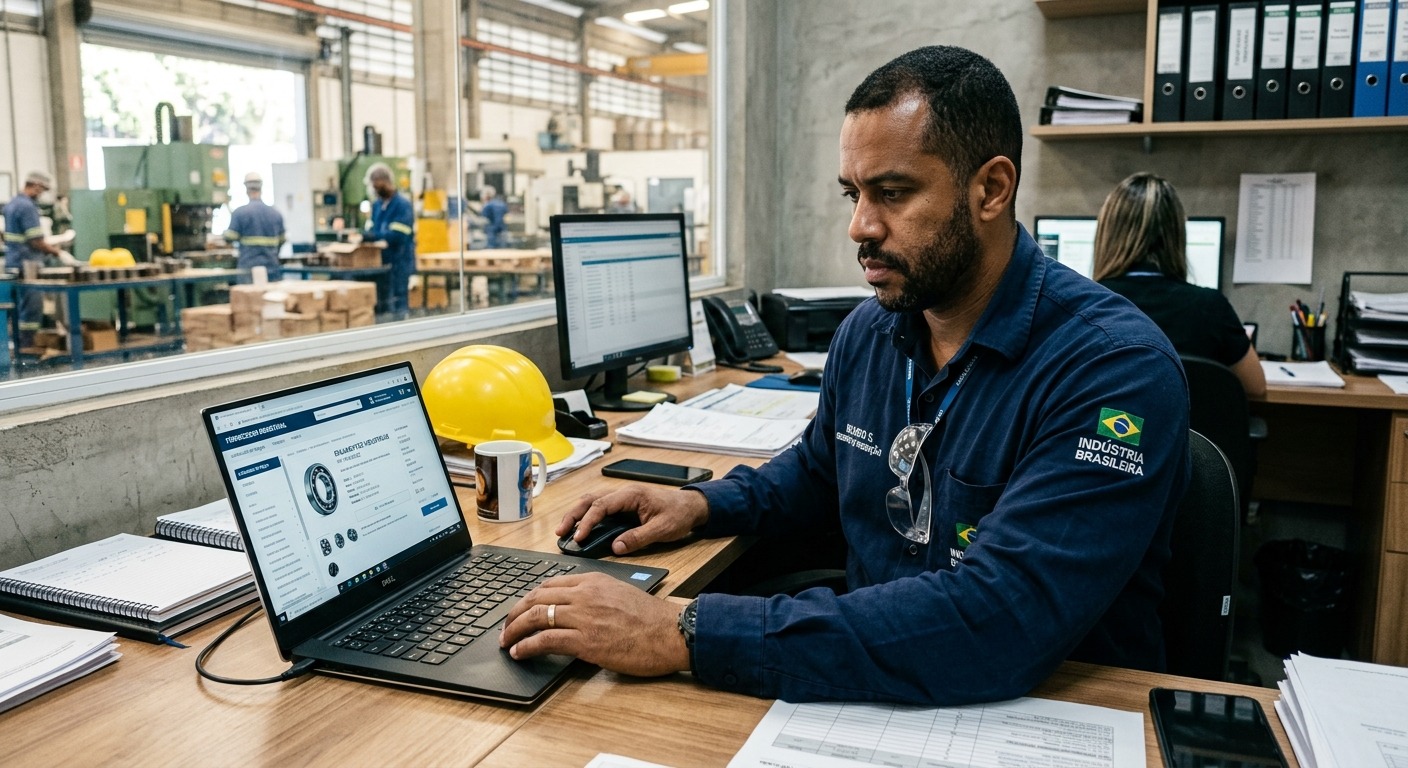 Gestor industrial brasileiro analisando plataforma de e-commerce B2B em escritório de fábrica
