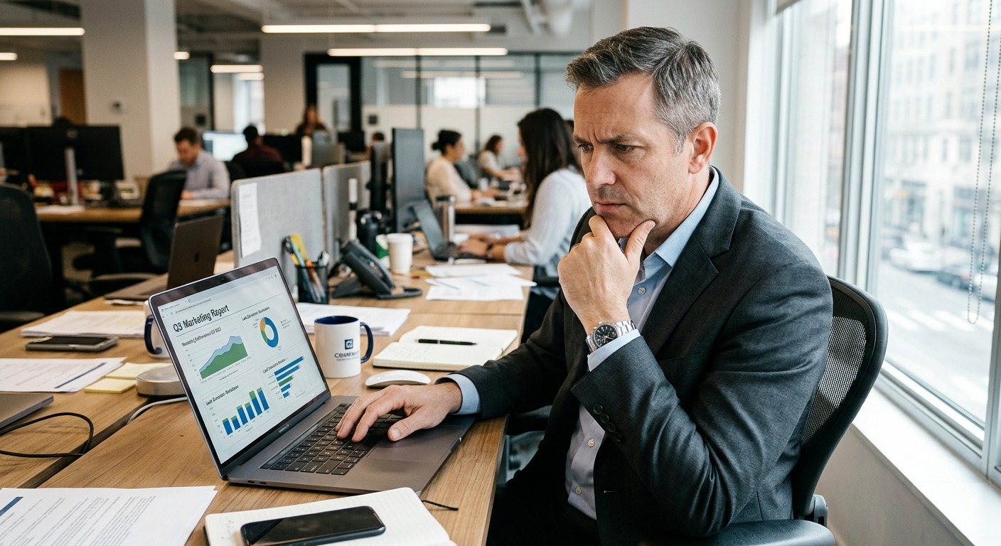 Empresário analisando relatório de marketing com expressão de dúvida em escritório