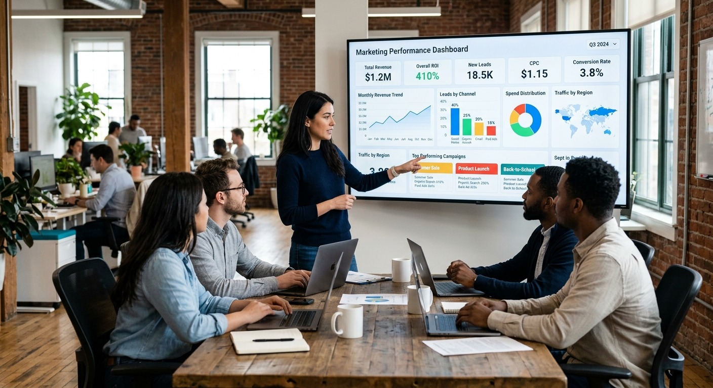 Dashboard de métricas de marketing digital exibido em monitor grande em espaço colaborativo