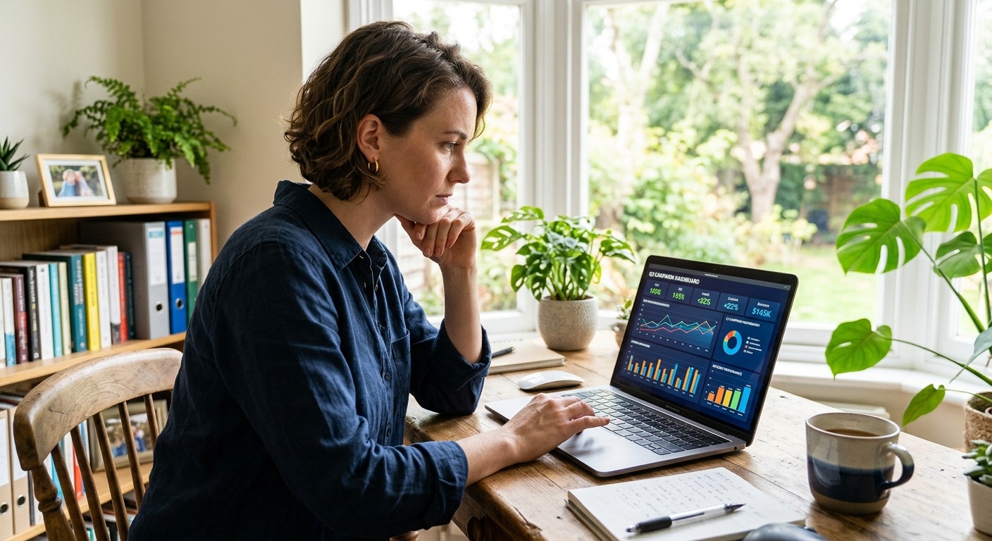 Gestora de marketing analisando dashboard digital de forma independente em home office iluminado