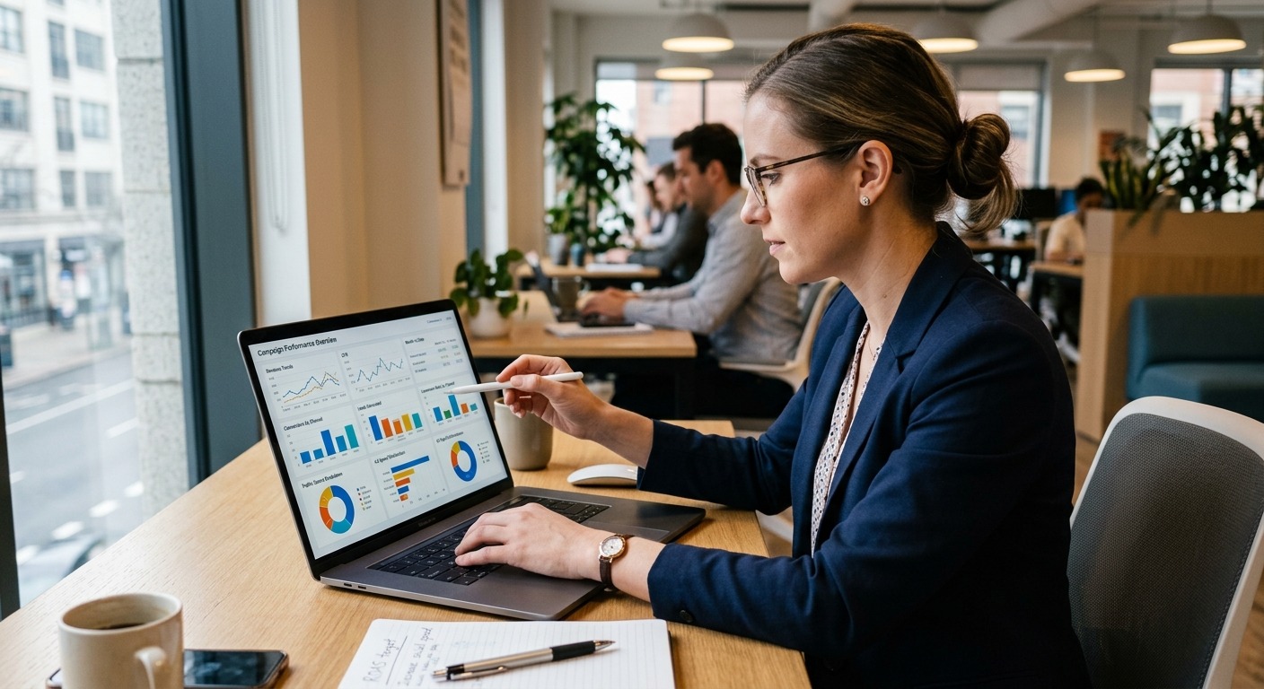 Profissional de marketing analisando métricas de performance em laptop com gráficos detalhados