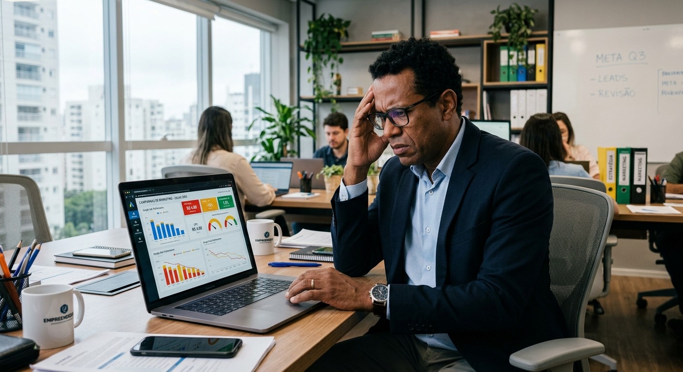 Empresário brasileiro analisando painel de marketing digital com expressão preocupada no escritório