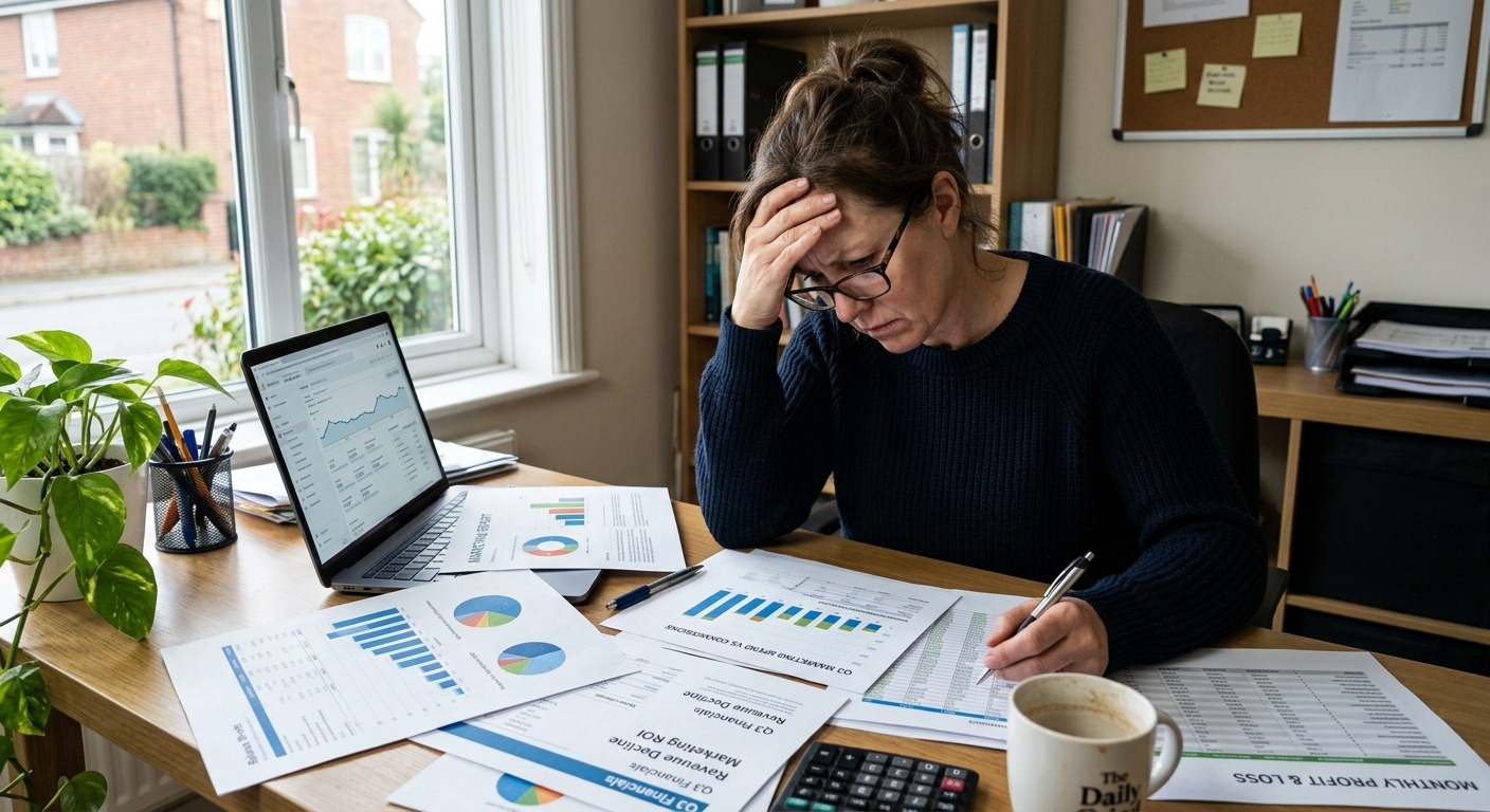 Empresário analisando relatórios financeiros e gráficos de marketing em mesa de escritório