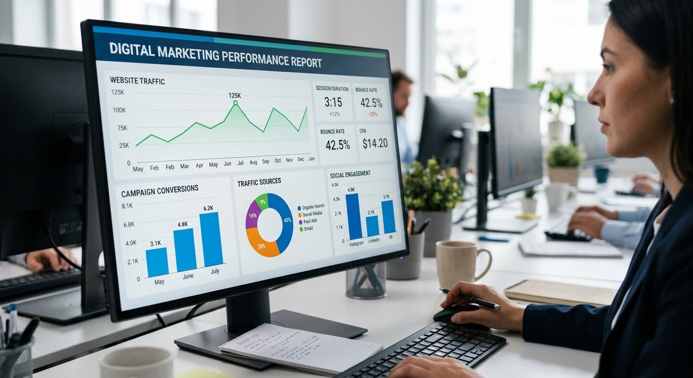 Tela de monitor com relatório de marketing digital mostrando gráficos e indicadores de desempenho