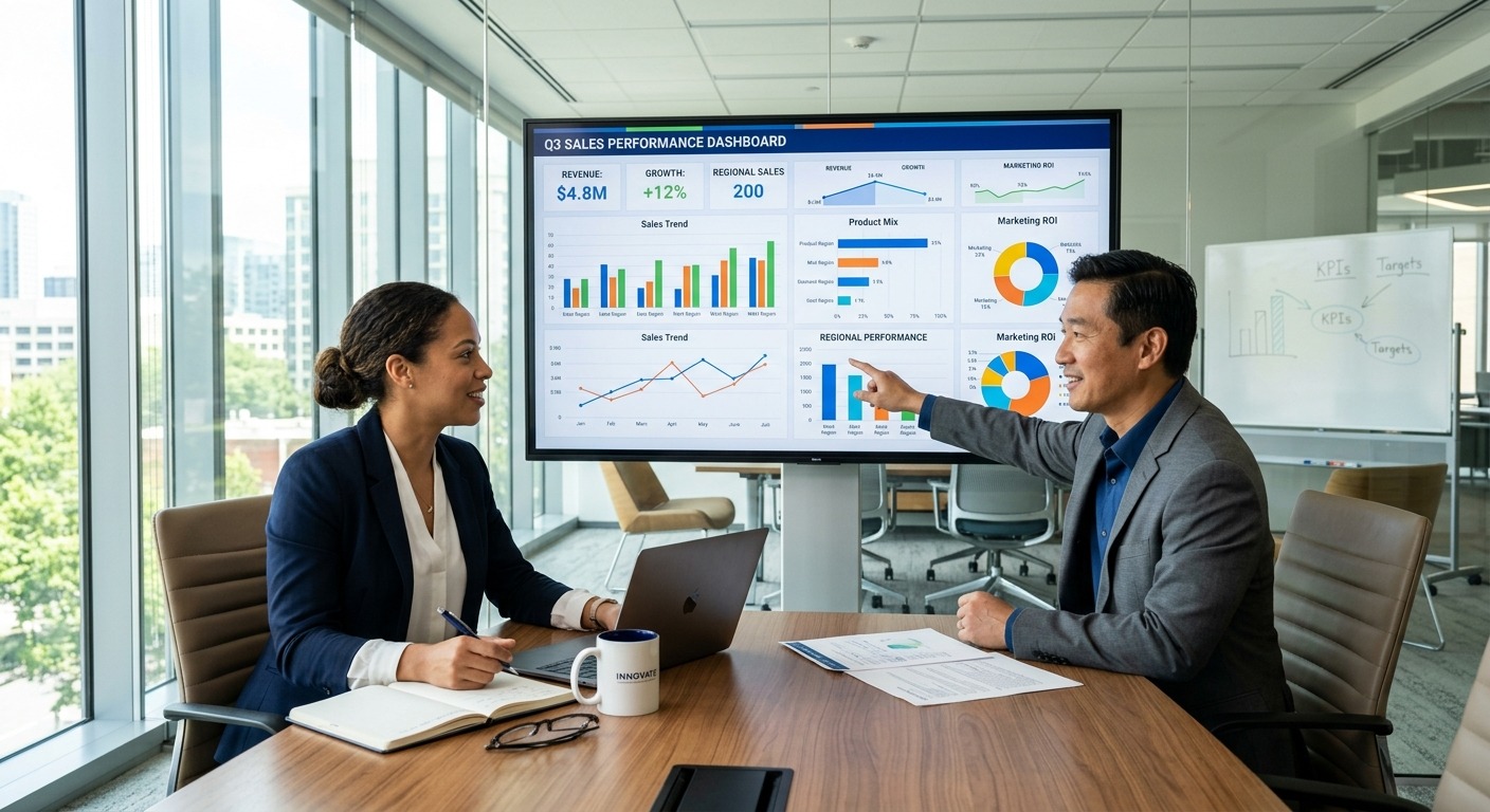 Dois profissionais em reunião analisando dashboard de marketing em tela grande