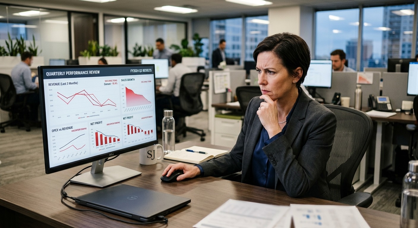 Gestor de negócios analisando um painel de dados com gráficos de tendência de queda em um monitor de computador.