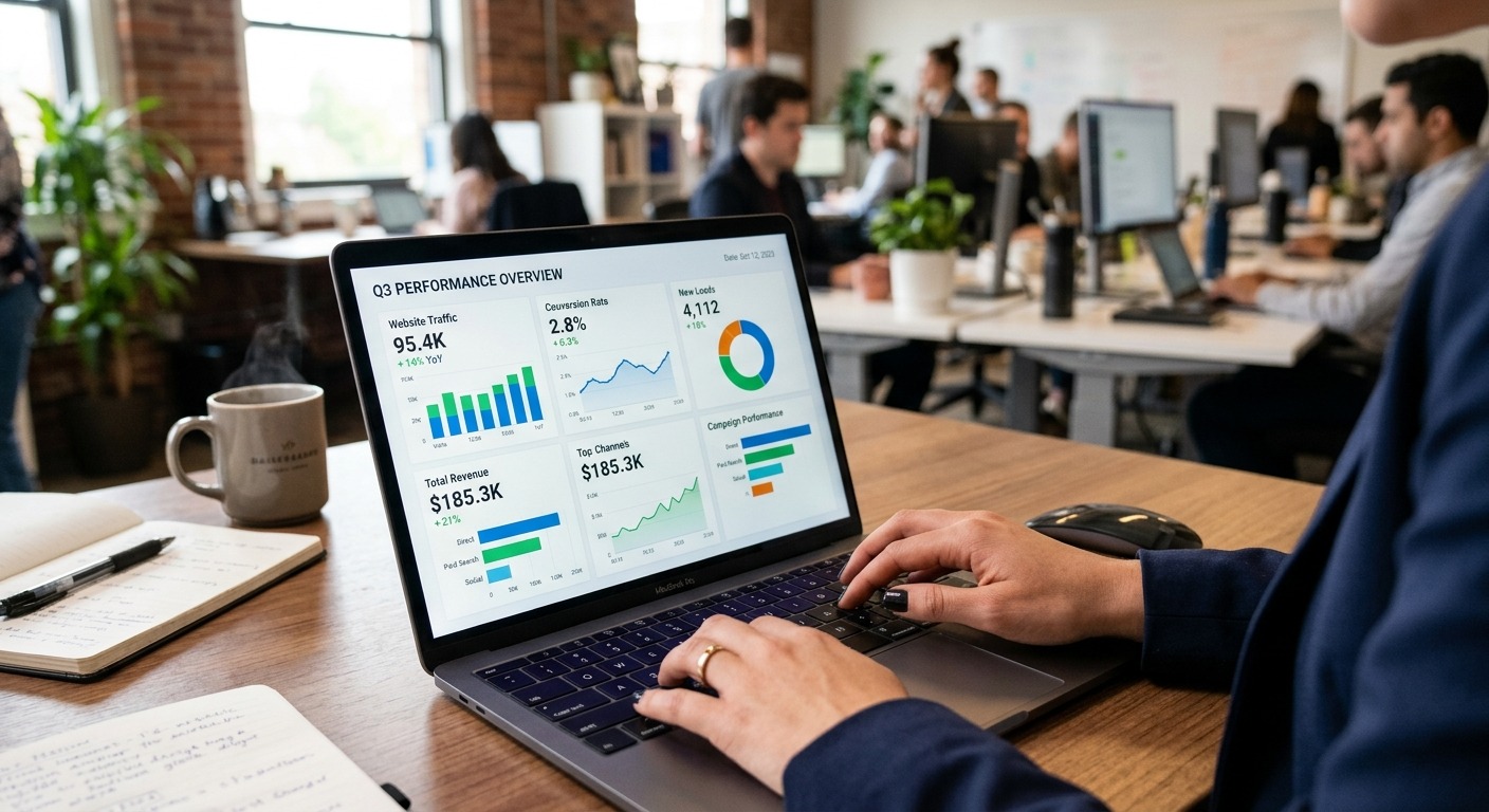 Dashboard de marketing com gráficos abertos na tela com mãos digitando ao lado
